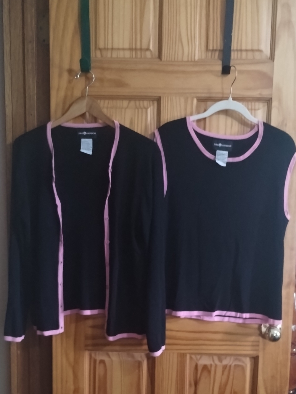 Sag Harbor Black Cardigan Set with Pink Trim